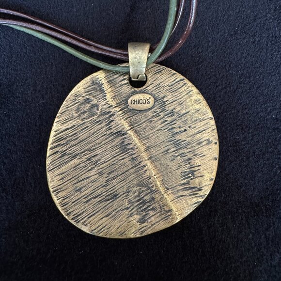 Medallion Gold Tone Olive Burgundy Pendant Enamel Leather Cord + Stud Earrings - Picture 11 of 12